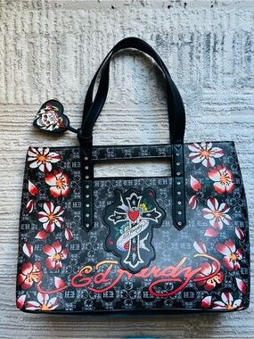Ed Hardy Black Tote with Red & Orange Floral Accents